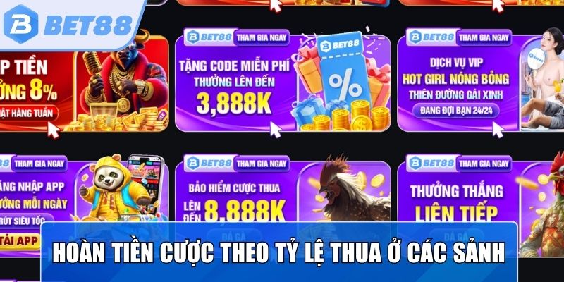 Hoàn tiền cược theo tỷ lệ tiền thua ở các sảnh